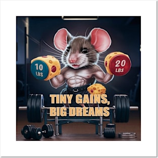 A muscular mouse wearing tiny weights, lifting a cheese dumbbell Posters and Art